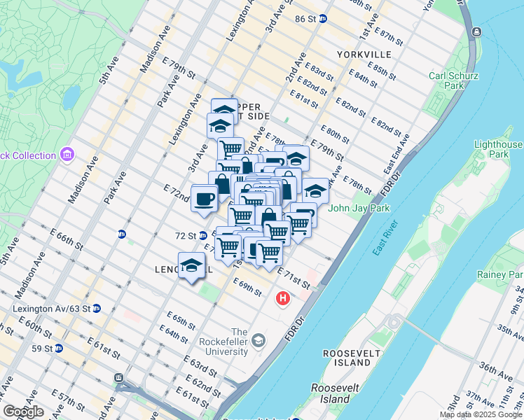 map of restaurants, bars, coffee shops, grocery stores, and more near 1371 1st Avenue in New York