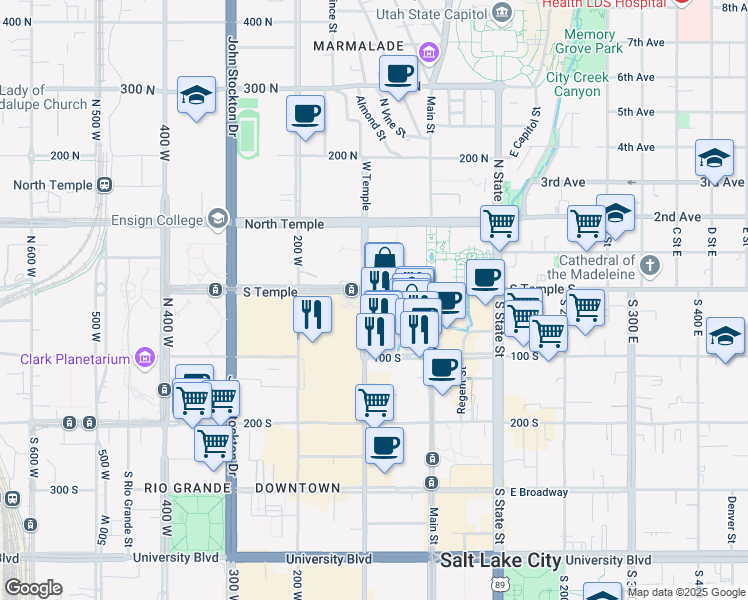 map of restaurants, bars, coffee shops, grocery stores, and more near 99 West South Temple Street in Salt Lake City