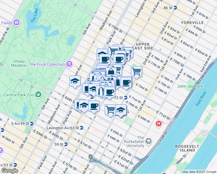 map of restaurants, bars, coffee shops, grocery stores, and more near 201 East 69th Street in New York