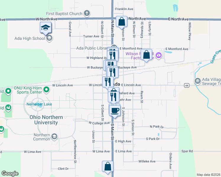 map of restaurants, bars, coffee shops, grocery stores, and more near 117 East Ballard Avenue in Ada