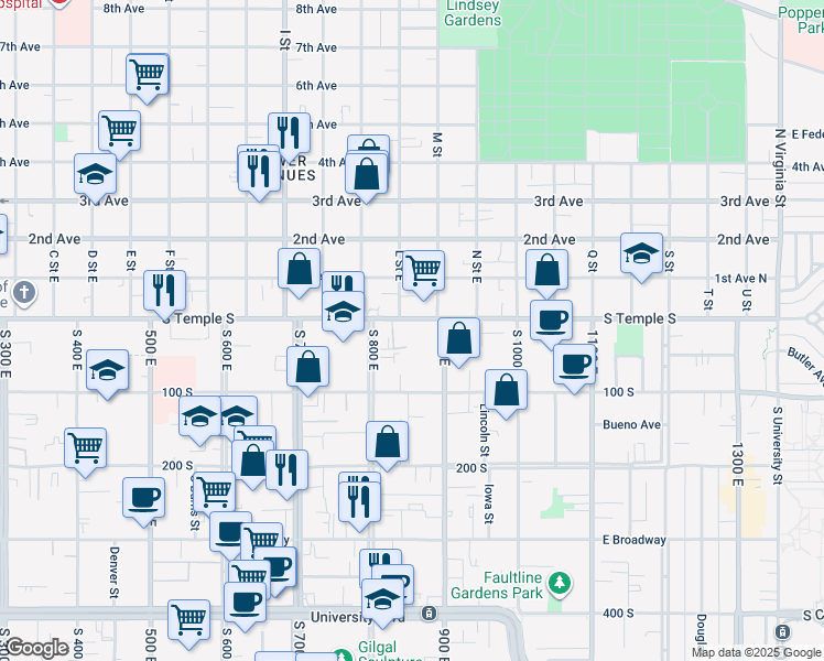 map of restaurants, bars, coffee shops, grocery stores, and more near 777 South Temple in Salt Lake City