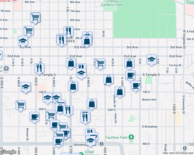 map of restaurants, bars, coffee shops, grocery stores, and more near 777 South Temple in Salt Lake City