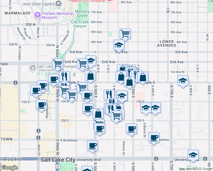 map of restaurants, bars, coffee shops, grocery stores, and more near 26 South 400 East in Salt Lake City