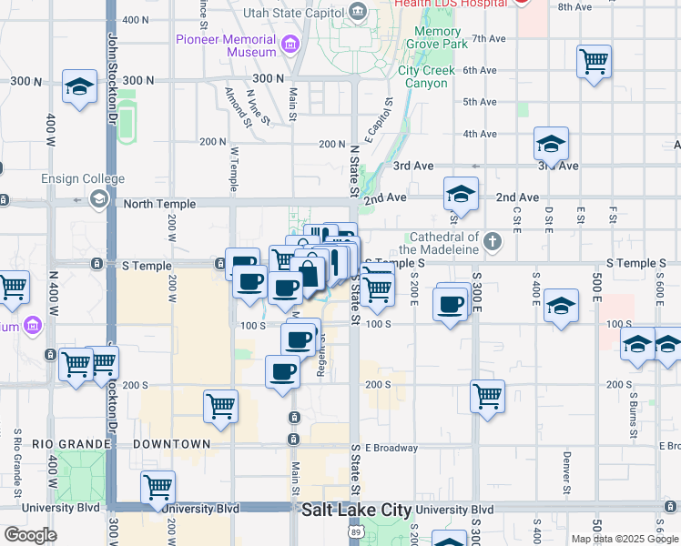 map of restaurants, bars, coffee shops, grocery stores, and more near 35 East 100 South in Salt Lake City