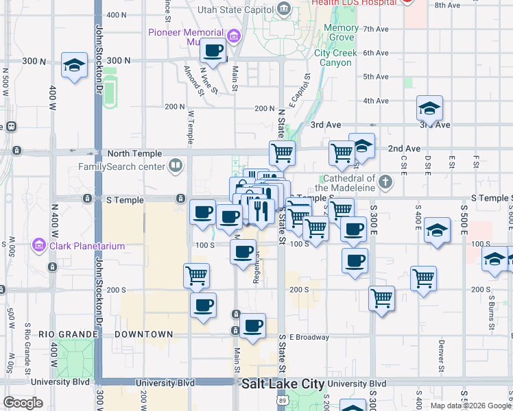 map of restaurants, bars, coffee shops, grocery stores, and more near 35 East 100 South in Salt Lake City