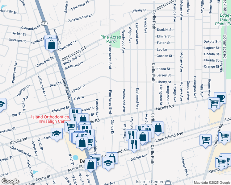 map of restaurants, bars, coffee shops, grocery stores, and more near 45 Pine Acres Boulevard in Deer Park