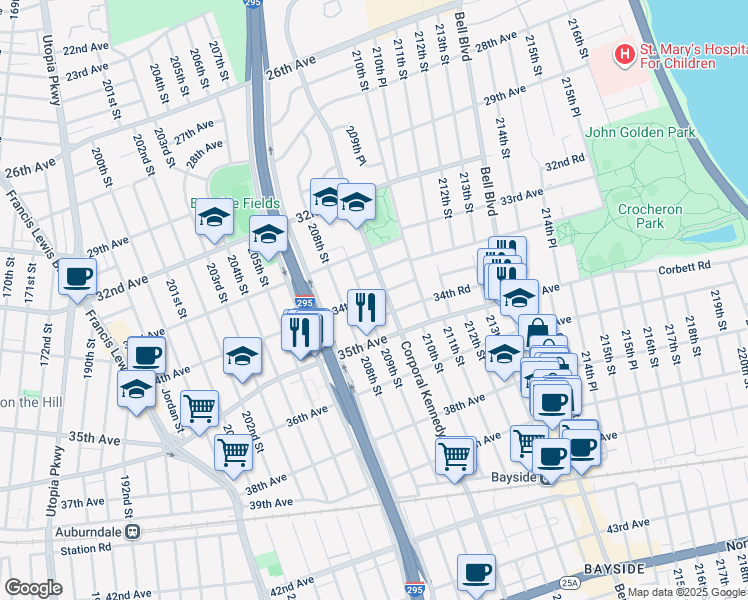 map of restaurants, bars, coffee shops, grocery stores, and more near 34-28 Corporal Kennedy Street in Queens