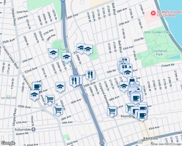 map of restaurants, bars, coffee shops, grocery stores, and more near 34-28 Corporal Kennedy Street in Queens