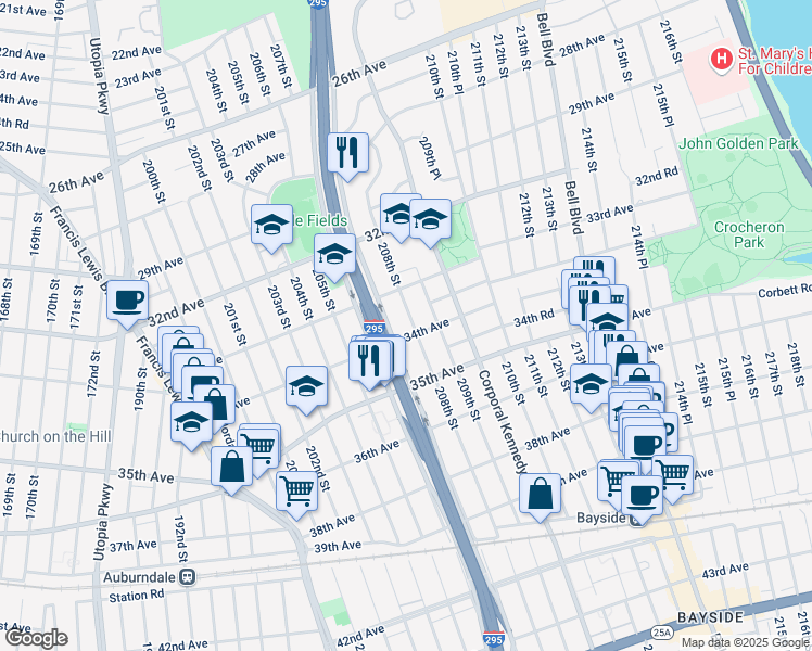 map of restaurants, bars, coffee shops, grocery stores, and more near 208-02 34th Avenue in Queens