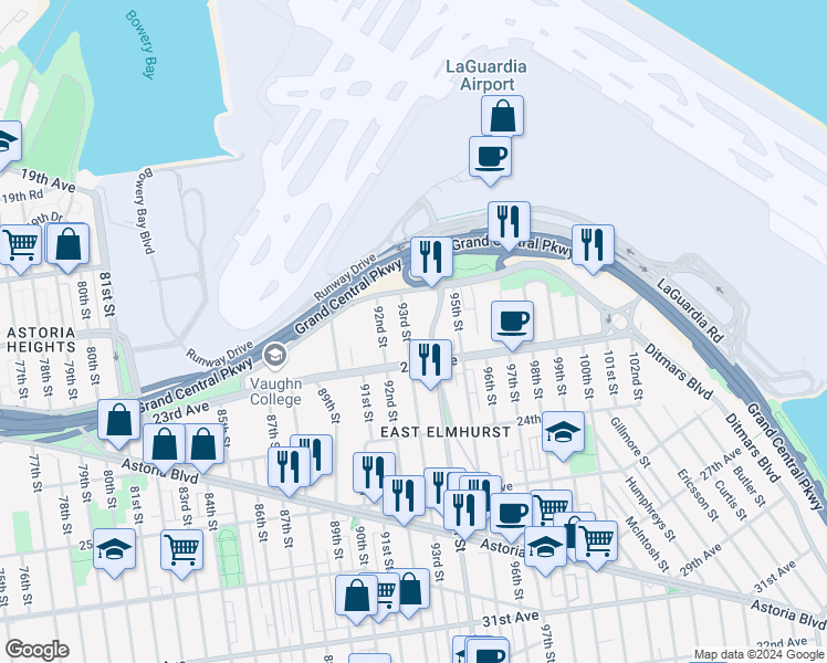map of restaurants, bars, coffee shops, grocery stores, and more near 22-58 94th Street in Queens