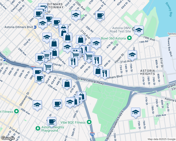 map of restaurants, bars, coffee shops, grocery stores, and more near 22-38 48th Street in Queens