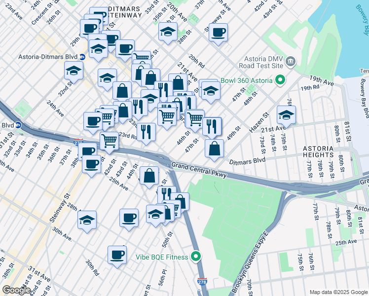map of restaurants, bars, coffee shops, grocery stores, and more near 22-64 47th Street in Queens
