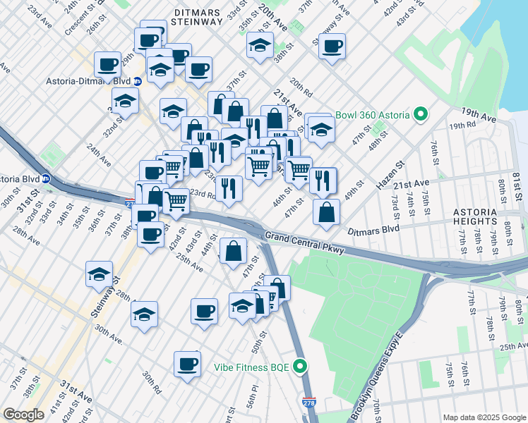 map of restaurants, bars, coffee shops, grocery stores, and more near 4513 Astoria Boulevard North in Queens