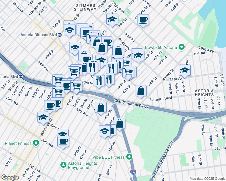 map of restaurants, bars, coffee shops, grocery stores, and more near 4513 Astoria Boulevard North in Queens