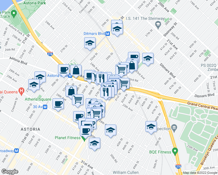 map of restaurants, bars, coffee shops, grocery stores, and more near 2512 Steinway Street in Queens