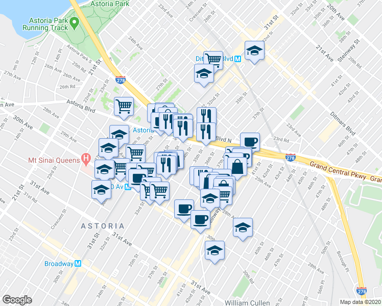map of restaurants, bars, coffee shops, grocery stores, and more near 25-37 35th Street in Queens