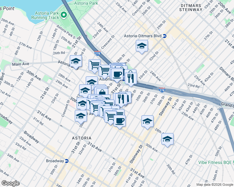 map of restaurants, bars, coffee shops, grocery stores, and more near 25-55 32nd Street in Queens