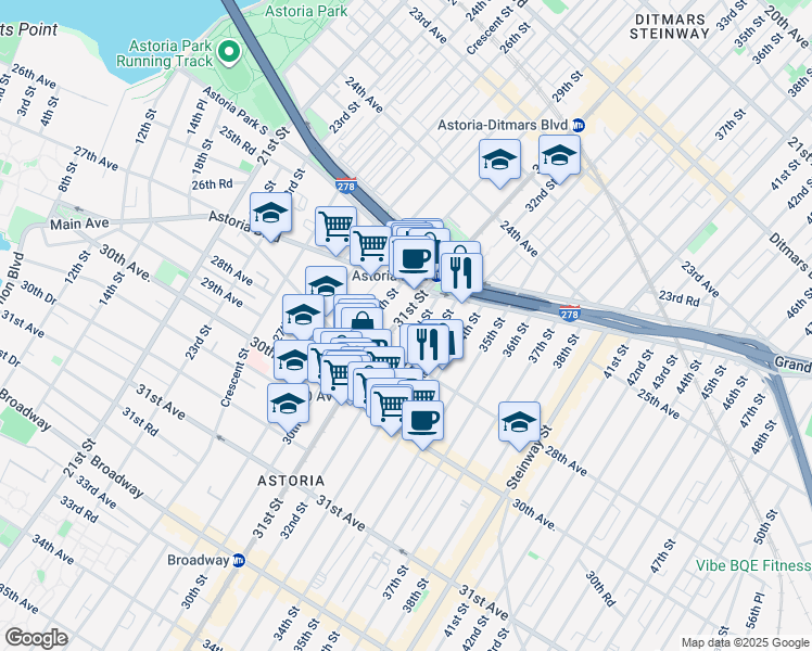 map of restaurants, bars, coffee shops, grocery stores, and more near 25-55 32nd Street in Queens