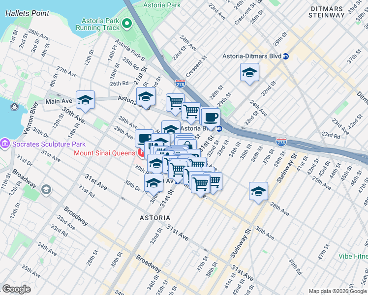 map of restaurants, bars, coffee shops, grocery stores, and more near 29-28 Newtown Avenue in Queens