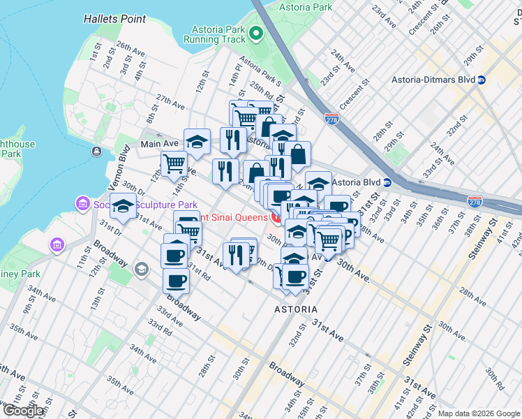 map of restaurants, bars, coffee shops, grocery stores, and more near 23-19 30th Avenue in Queens