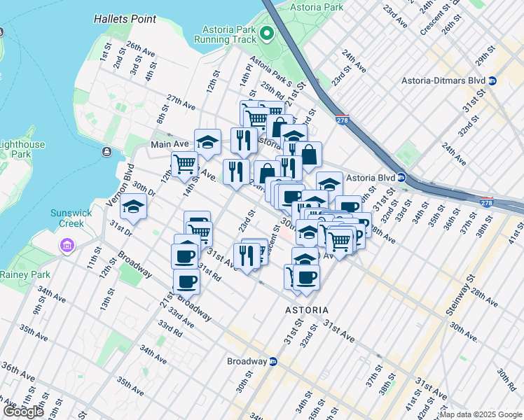 map of restaurants, bars, coffee shops, grocery stores, and more near 23-19 30th Avenue in Queens