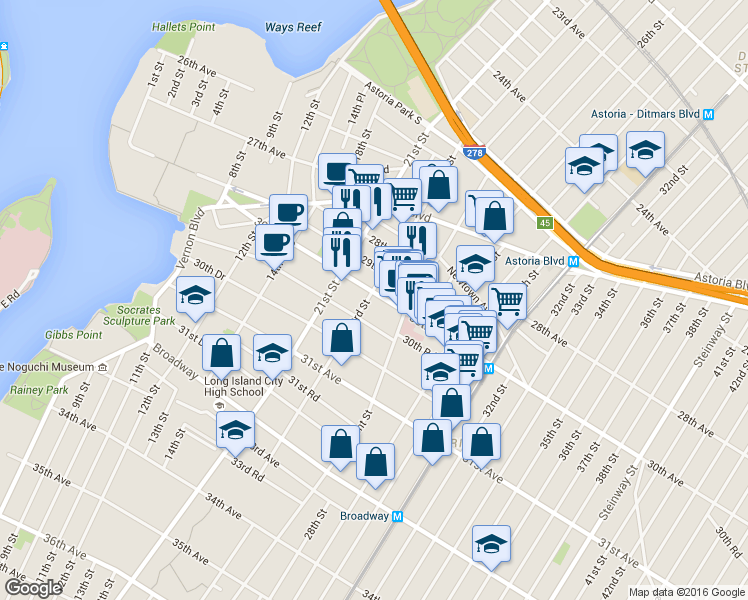 map of restaurants, bars, coffee shops, grocery stores, and more near 23-19 30th Avenue in Queens