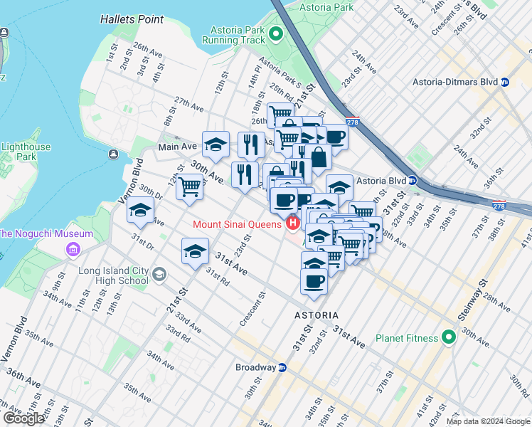 map of restaurants, bars, coffee shops, grocery stores, and more near 23-19 30th Avenue in Queens