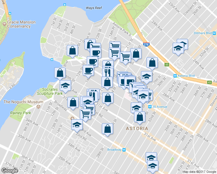 map of restaurants, bars, coffee shops, grocery stores, and more near 21-30 30th Road in Queens