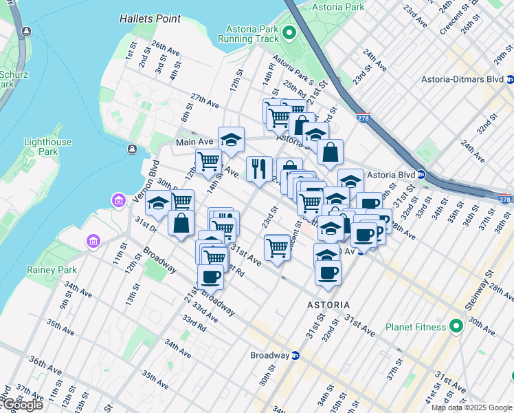 map of restaurants, bars, coffee shops, grocery stores, and more near 21-30 30th Road in Queens