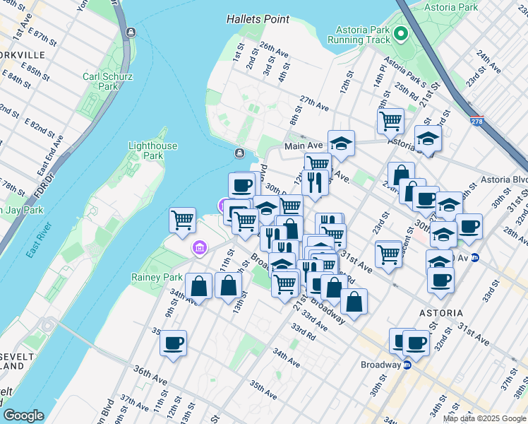 map of restaurants, bars, coffee shops, grocery stores, and more near 12-04 31st Avenue in Queens