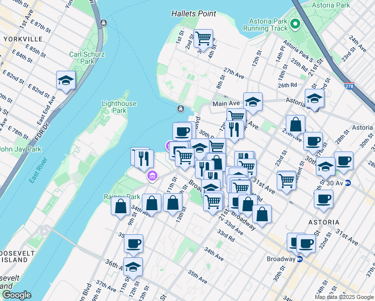 map of restaurants, bars, coffee shops, grocery stores, and more near 11-21 31st Drive in Queens