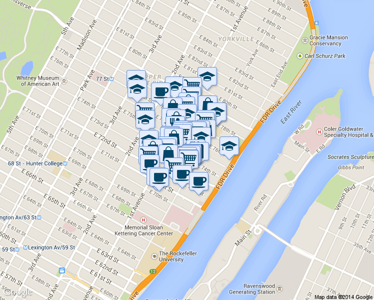 map of restaurants, bars, coffee shops, grocery stores, and more near in New York