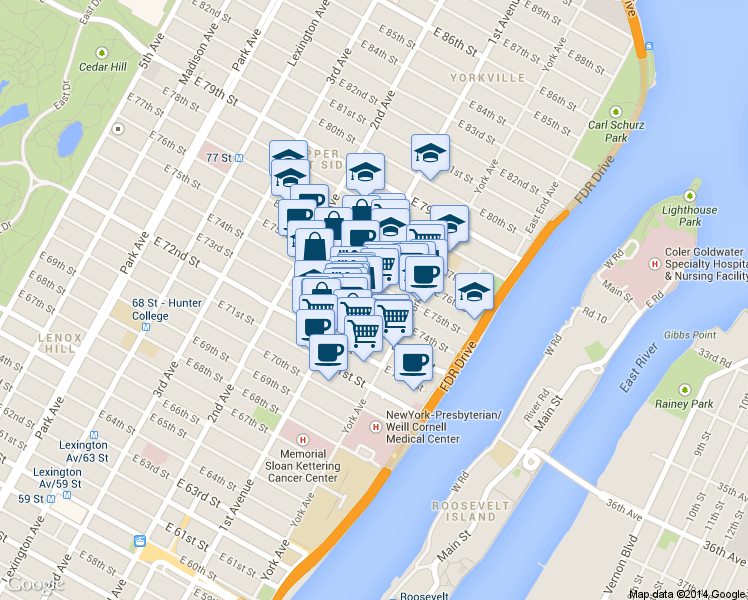 map of restaurants, bars, coffee shops, grocery stores, and more near in New York