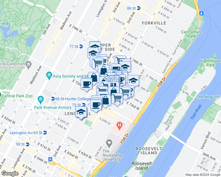 map of restaurants, bars, coffee shops, grocery stores, and more near in New York