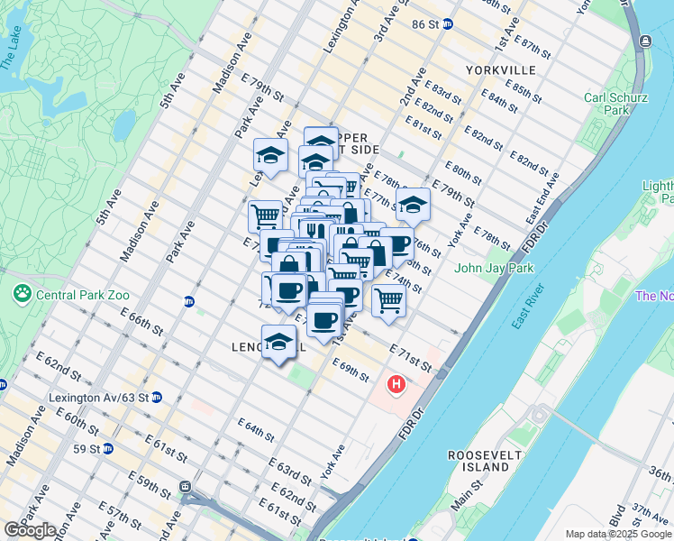 map of restaurants, bars, coffee shops, grocery stores, and more near 1400 2nd Avenue in New York