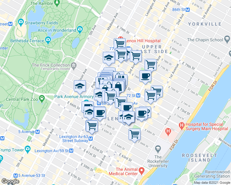 map of restaurants, bars, coffee shops, grocery stores, and more near 188 East 70th Street in New York