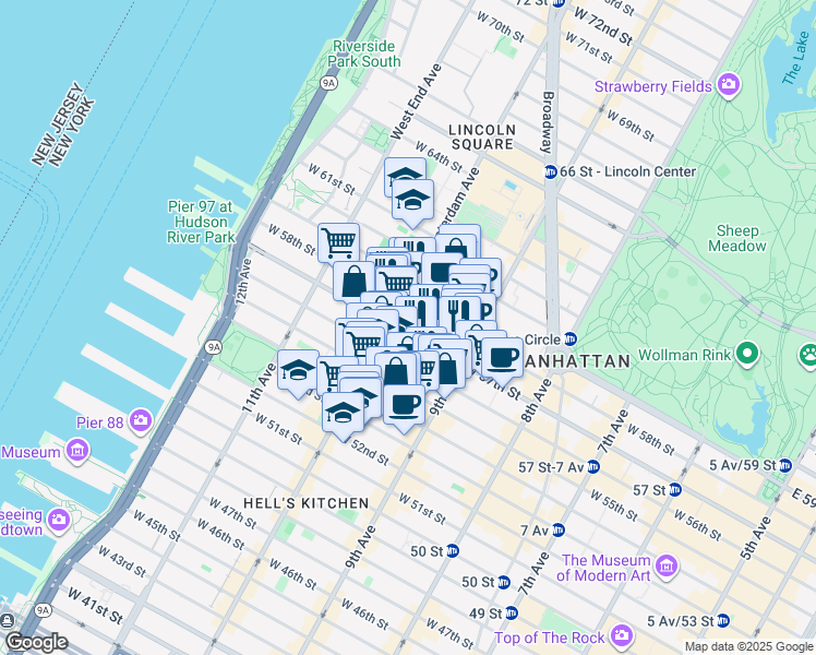 map of restaurants, bars, coffee shops, grocery stores, and more near 425 West 57th Street in New York
