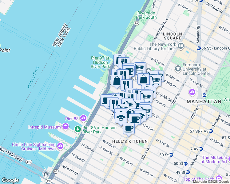 map of restaurants, bars, coffee shops, grocery stores, and more near 594 West 54th Street in New York