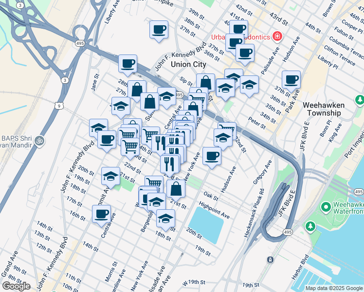 map of restaurants, bars, coffee shops, grocery stores, and more near 508 25th Street in Union City