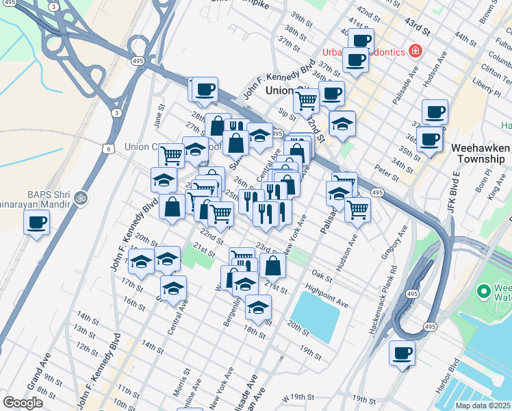 map of restaurants, bars, coffee shops, grocery stores, and more near 608 24th Street in Union City