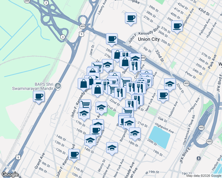 map of restaurants, bars, coffee shops, grocery stores, and more near 2207 Summit Avenue in Union City
