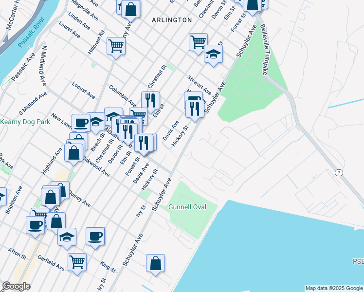 map of restaurants, bars, coffee shops, grocery stores, and more near 607 Schuyler Avenue in Kearny
