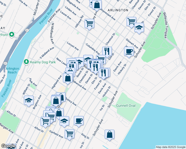 map of restaurants, bars, coffee shops, grocery stores, and more near 441 Elm Street in Kearny