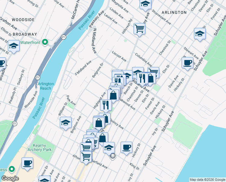 map of restaurants, bars, coffee shops, grocery stores, and more near in Kearny