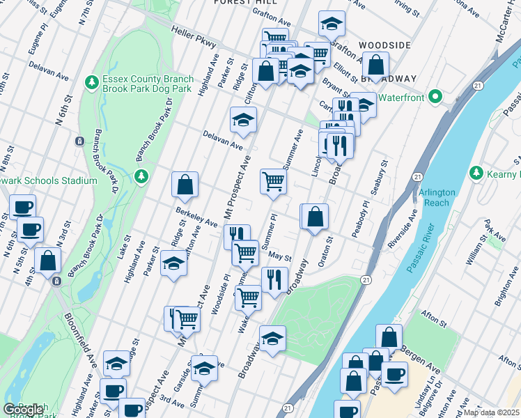 map of restaurants, bars, coffee shops, grocery stores, and more near 482 Summer Avenue in Newark