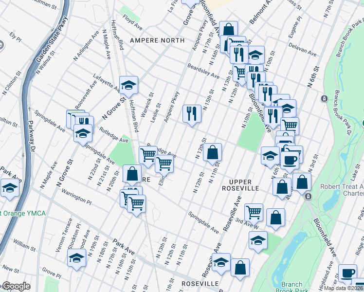 map of restaurants, bars, coffee shops, grocery stores, and more near 81 Ellington Street in East Orange