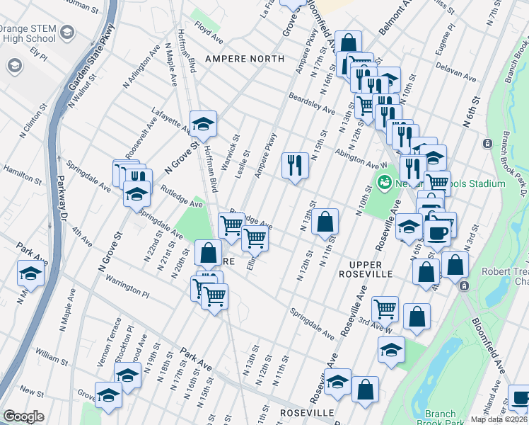 map of restaurants, bars, coffee shops, grocery stores, and more near 81 Ellington Street in East Orange