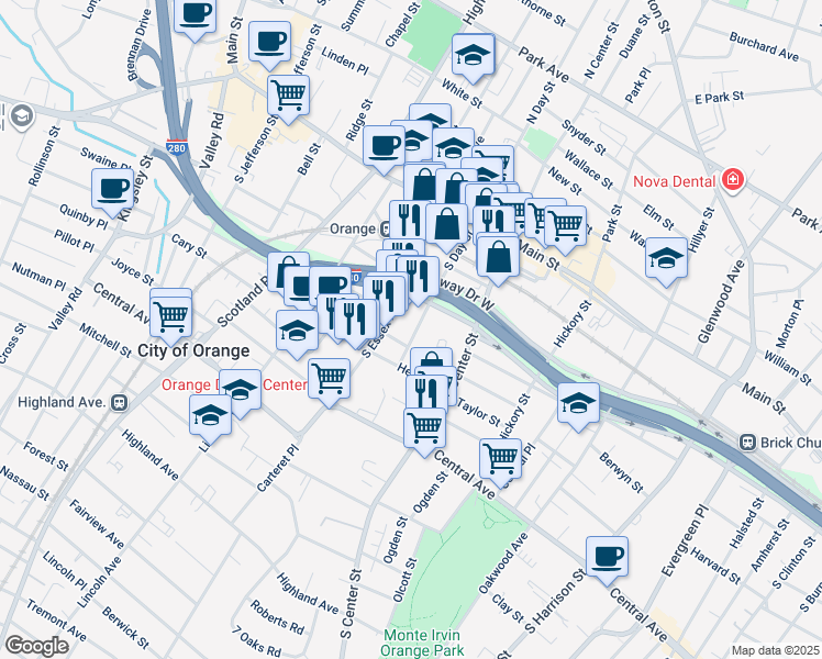 map of restaurants, bars, coffee shops, grocery stores, and more near in City of Orange