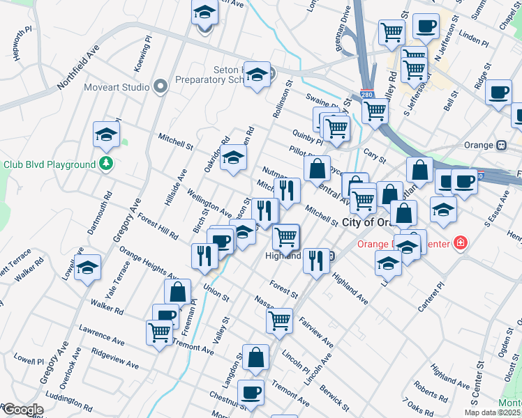 map of restaurants, bars, coffee shops, grocery stores, and more near 25 Cross Street in West Orange