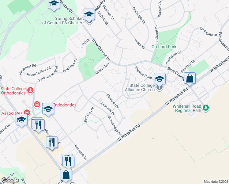 map of restaurants, bars, coffee shops, grocery stores, and more near 110 Raleigh Avenue in State College